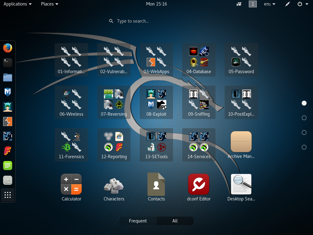 kali linux default application menu